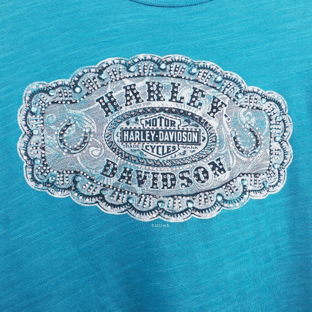 Harley-Davidson Mile High Denver Colorado Bejeweled Rhinestone Bling Graphic Tee - Picture 2 of 8